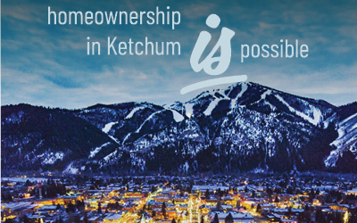 Night photo of Ketchum with text "homeownership in Ketchum is possible".